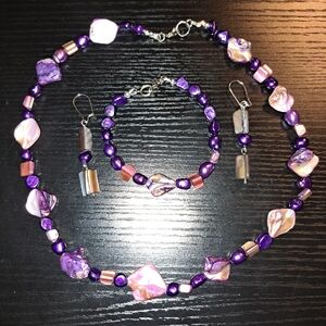 Shades of Purple Pearl & Shell Beaded Necklace, Bracelet & Earring Set